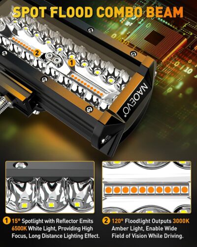 NAOEVO 7 Inch Light Bar, 240W 24,000LM Offroad Fog/Driving Lights LED Pods with 2 Leads Wiring Harness, Spot Flood Combo LED Work Lights for Truck Boat UTV ATV, 2-Pack (White/Amber/White&Amber) - Image 4