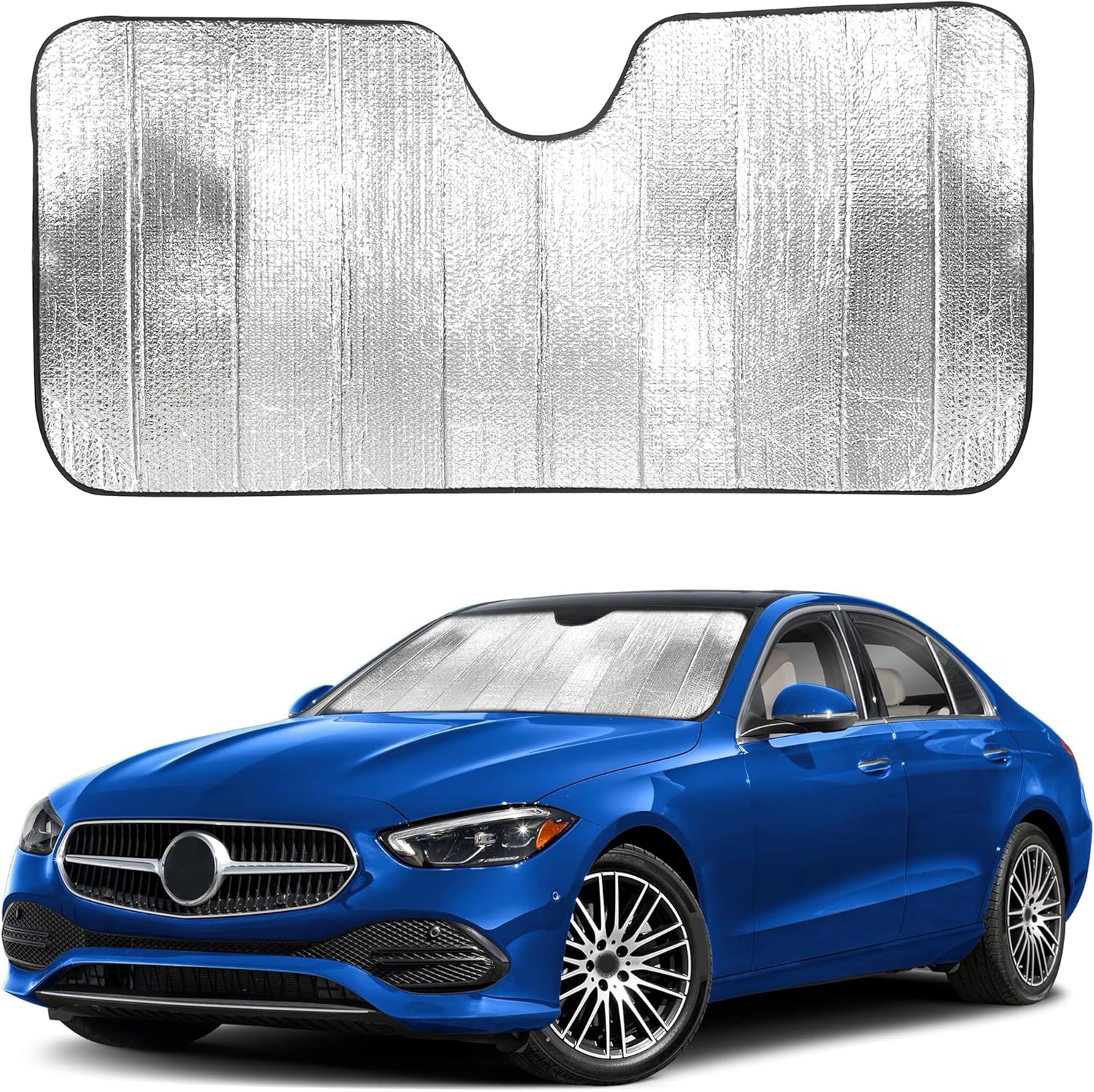 91IdhOCTMJL._AC_SL1500_.jpg EcoNour Accordion Car Windshield Sun Shade | Reflective Car Window Shades for UV & Sun Protection | Foldable Windshield Cover Keeps Interior Cool | 26 x 56 Inches - Image 1