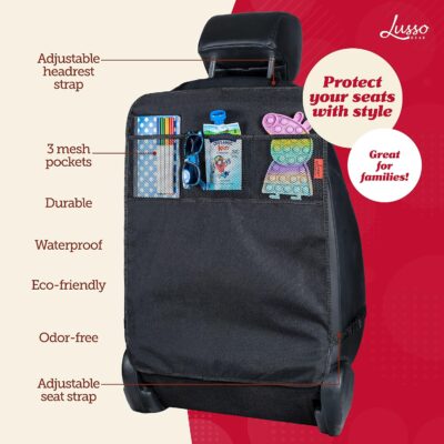 Lusso Gear Seat Back Protector - 2-Pack Kids Kick Mat & Car Seat Organizer - Waterproof Oxford Backseat Cover - 3 Mesh Pockets for Car Organization, Black - Image 2