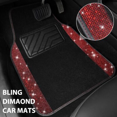 CAR PASS Bling Diamond Car Floor Mats, Shining Rhinestone Carpet Sparkly Glitter Crystal with Anti-Slip PVC Heel Pad Waterproof Universal Fit Automotive SUV,Sedan,Van,Cute Girl Women,4pcs Black Red - Image 2