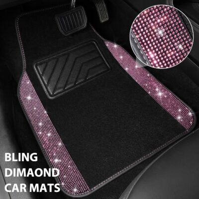 CAR PASS Bling Diamond Car Floor Mat Shining Rhinestones Carpet, Sparkly Glitter Crystal Anti-Slip PVC Heel Pad Automotive Universal Fit for SUV Sedan Car Van, 4pcs for Girl Cute Women, Black Pink - Image 2