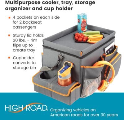 High Road CarHop Car Seat Organizer - Front Seat Organizer for Driver and Back Seat Organizer for Kids with Cup Holders, Study Tray Lid, Side Pockets and Cooler or File Compartment (Gray) - Image 3