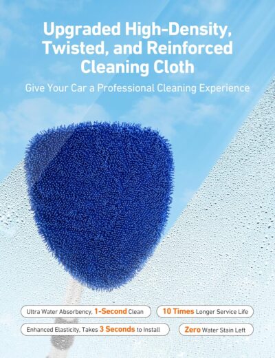 AstroAI Windshield Cleaner Tool, Car Interior Window Detailing Cleaning Kit with Extendable Handle and 4 Easy-to-Install Reusable Microfiber Pads, Auto Glass Wiper Brush Kit for Car&Home, Blue, 21in - Image 2