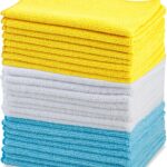 Amazon Basics Microfiber Cleaning Cloths, Ultra Absorbent, Lint Free, Streak Free, Non-Abrasive, Reusable and Washable, 16" x 12", Blue/White/Yellow, Pack of 24