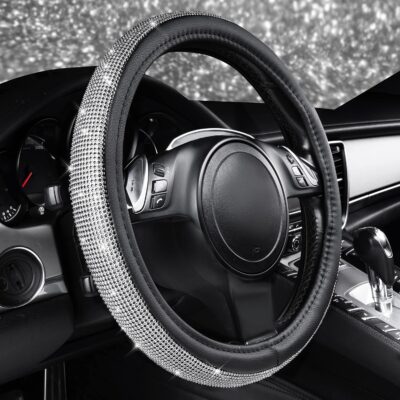 CAR PASS Bling Diamond Leather Steering Wheel Cover, with Bling Sparkly Crystal Glitter Rhinestones Universal Fit 14.5in-15in Car Wheel Protector for Women Girl Fit Suvs,Vans,Sedans,Car,Trucks, Silver - Image 3