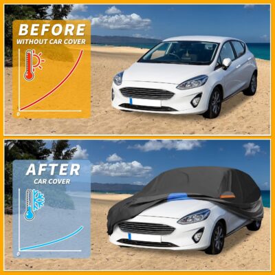 All-Weather Waterproof Car Cover - UV-Resistant Outdoor Full Exterior Protection for Ford Fiesta Hatchback 210D-PU Black Blue with Right Side Zipper - Image 4