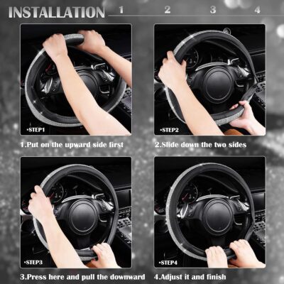 CAR PASS Bling Diamond Leather Steering Wheel Cover, with Bling Sparkly Crystal Glitter Rhinestones Universal Fit 14.5in-15in Car Wheel Protector for Women Girl Fit Suvs,Vans,Sedans,Car,Trucks, Silver - Image 6