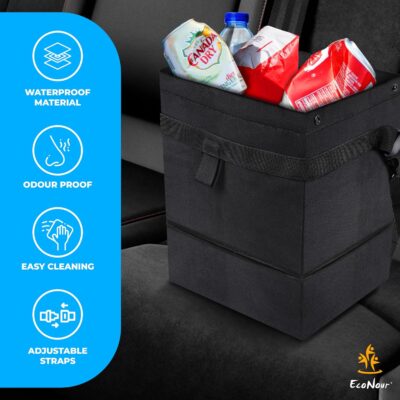 EcoNour Foldable Car Trash Bag Hanging, Garbage Bag and Waterproof Trash Can for Car, Leakproof Trash Can, SUV and Truck Seat Backs, Home, Office - Holds 2.5 Gallons (Black) - Image 7