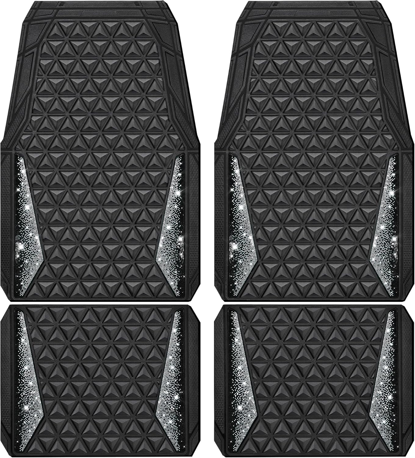91b5X-cEPNL._AC_SL1500_.jpg CAR PASS Bling Diamond Car Mats Rubber Floor Mats Full Set Anti-Slip 3D Rhombus Waterproof Trim to Fit Liner Universal Glitter Crystal Sparkly Shining Rhinestone Girl Women SUV Sedan Van, Black Silver - Image 1