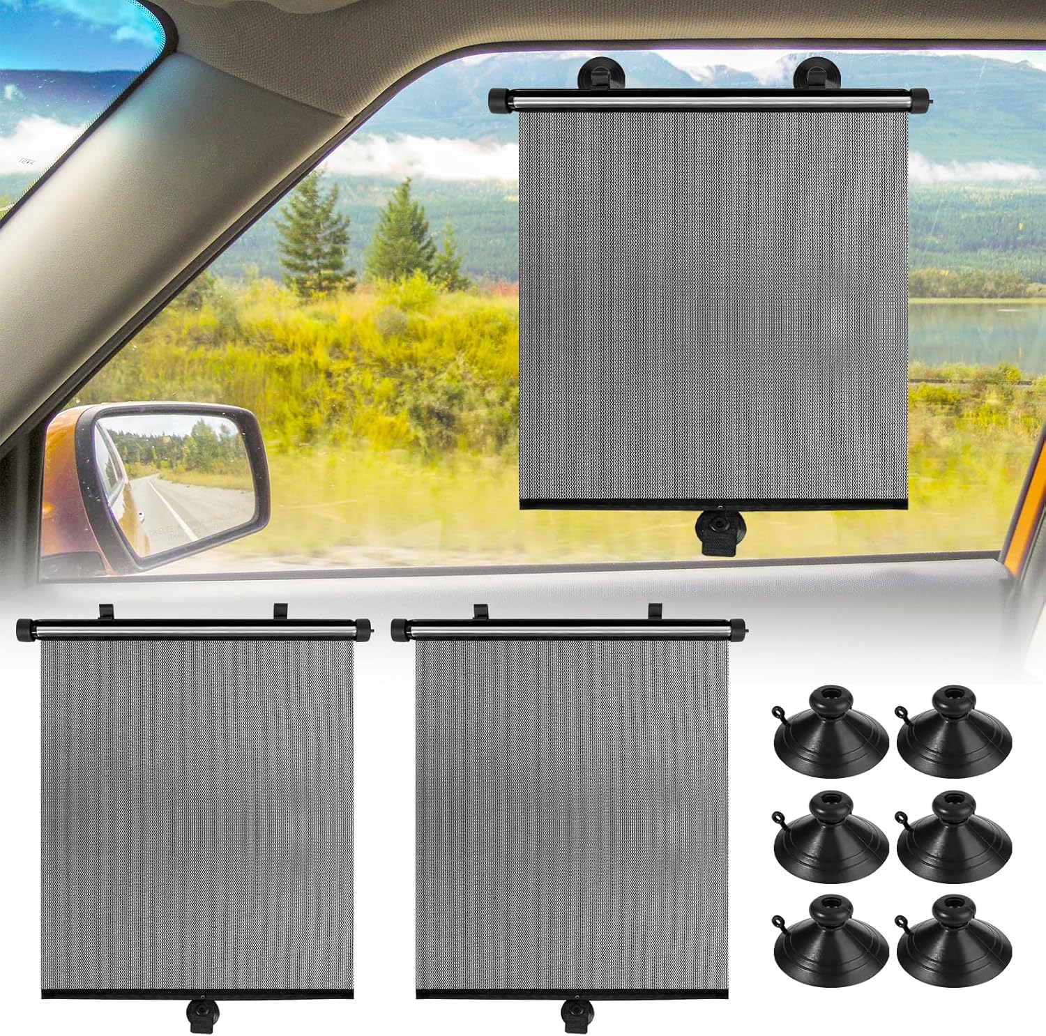 91caIxuluhL._AC_SL1500_.jpg Car Window Shades for Baby, 2 Pack Retractable Side Window Sun Shade with Suction Cups, Blocks UV Rays & Heat Glare Protection, Roller Sunshade for Kids, Pets, and Car Passengers (15x17 Inch) - Image 1
