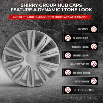 Hubcaps 4-Pack Kit, 15 inch Hub Caps Set of 4 Wheel Covers with Universal Snap-On Retention Rings, 1-Tone ABS Plastic Silver Car Rims for All Models (SG-5083-B-15) - Image 3