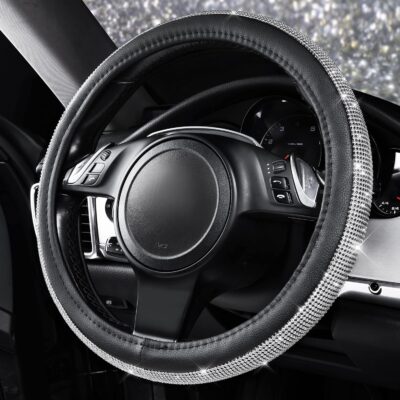 CAR PASS Bling Diamond Leather Steering Wheel Cover, with Bling Sparkly Crystal Glitter Rhinestones Universal Fit 14.5in-15in Car Wheel Protector for Women Girl Fit Suvs,Vans,Sedans,Car,Trucks, Silver - Image 4