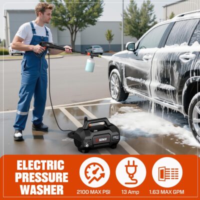 SENIX 13 Amp Electric Pressure Washer - 1700 PSI, 1.2 GPM, Compact with Foam Cannon, Spray Gun, 20-ft Hose, Turbo Nozzle, and 15° Spray Nozzles - Perfect for Cars and Driveways - Image 2