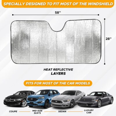 EcoNour Accordion Foldable Windshield Sun Shade | Premium Reflective Sun Visor for SUVs & Pickups Windshields | UV & Heat Reflective Sunshade with Durable Dual-Layer Design | Large (58 x 28) - Image 4
