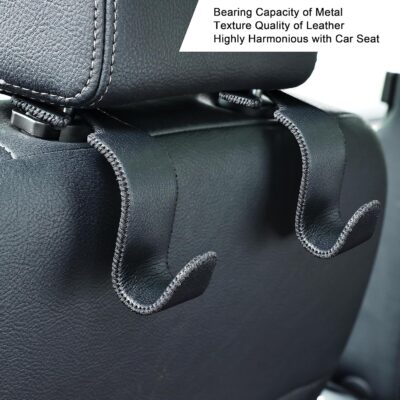 Amooca Car Seat Headrest Hook Universal Vehicle Storage Hanger Leather with Metal Car Seat Back Organizer for Handbag Purse Coat Black 2 Pack - Image 3