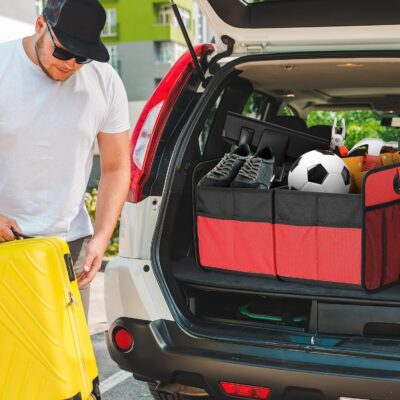 Simple Deluxe Car Trunk Organizer, 2 Compartments Collapsible Trunk Storage, Anti-slip Design, Made of Waterproof 600D Oxford Polyester, Suitable for SUV, Minivan, Truck, Standard Size, Red New - Image 6