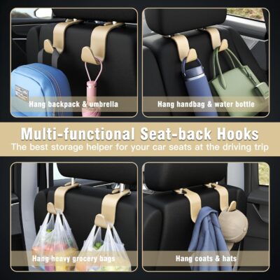 Amooca 4-Pack Car Headrest Hooks Vehicle Storage Organizer for Purses Handbags Groceries Coats –Holds 55lbs 360° Rotating Simple Design Beige - Image 3