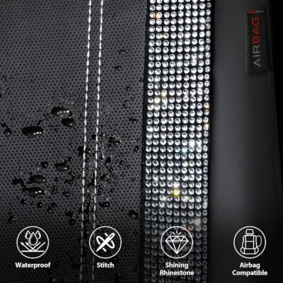 CAR PASS Leather Bling Diamond Car Seat Cover 2 Front Interior Sets, Waterproof Universal Shining Glitter Crystal Sparkle Fit for 95% Automotive Truck SUV Cute Women Girl, Black Silver Rhinestone - Image 4