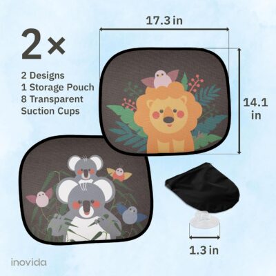 Car Sun Shades for Kids – 2-Pack Baby Window Shades with UV Protection – Cute Animal Design with Suction Cups – 17"x14" Sun Protection for Car Windows – by Inovida - Image 3