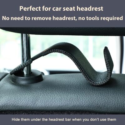 Amooca Car Seat Headrest Hook Universal Vehicle Storage Hanger Leather with Metal Car Seat Back Organizer for Handbag Purse Coat Black 2 Pack - Image 5