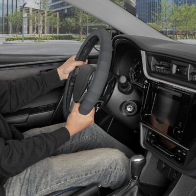 BDK Leather Car Steering Wheel Cover Size 13.5 to 14 inch, Easy Installation, Small, Gray - Image 3