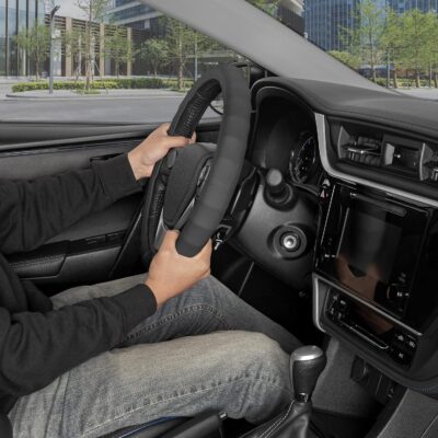 BDK Genuine Black Leather Steering Wheel Cover for Car, Small (13.5" - 14.5") – Ergonomic Comfort Grip for Men & Women, Car Steering Wheel Cover for Vehicles with Small Steering Wheels - Image 3