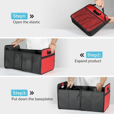 Simple Deluxe Car Trunk Organizer, 2 Compartments Collapsible Trunk Storage, Anti-slip Design, Made of Waterproof 600D Oxford Polyester, Suitable for SUV, Minivan, Truck, Standard Size, Red New - Image 4
