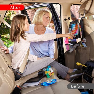 Helteko Backseat Car Organizer, Kick Mats Back Seat Protector with Touch Screen Tablet Holder, Back Seat Organizer for Kids, Travel Accessories with 9 Storage Pockets 2 Pack, Black - Image 3