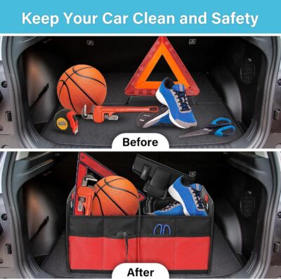 Simple Deluxe Car Trunk Organizer, 2 Compartments Collapsible Trunk Storage, Anti-slip Design, Made of Waterproof 600D Oxford Polyester, Suitable for SUV, Minivan, Truck, Standard Size, Red New - Image 5