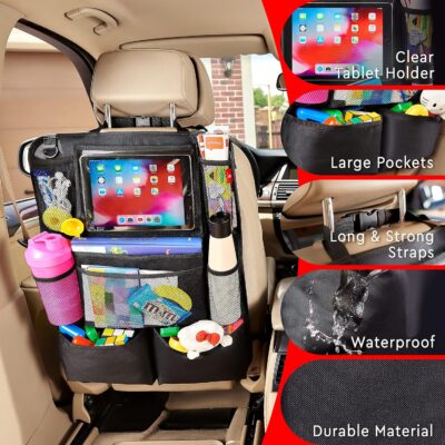 Helteko Backseat Car Organizer, Kick Mats Back Seat Protector with Touch Screen Tablet Holder, Back Seat Organizer for Kids, Travel Accessories with 9 Storage Pockets 2 Pack, Black - Image 4