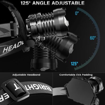 AKNEAR Rechargeable LED Headlamp Super Bright, 4500 High Lumens Head Lamp Zoomable, 25Dys+ Runtime & 12 Mode & Lightweight Comfort & 125° Adjustable Waterproof Head Light for Outdoor (2 Pack) - Image 7