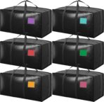 6 Pack Extra Large Heavy Duty Moving Bags with Reinforced Zipper & Wide Handles, Moisture-Resistant Storage Bins Packing Cubes for Clothes, College Dorm, Travel, and Home Organization, Black