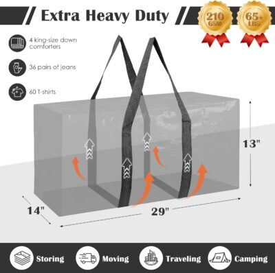 6 Pack Extra Large Heavy Duty Moving Bags with Reinforced Zipper & Wide Handles, Moisture-Resistant Storage Bins Packing Cubes for Clothes, College Dorm, Travel, and Home Organization, Black - Image 2