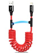 AGVEE 5ft Coiled Short USB to Lightning Charging Cable [MFI Certified] 3A Fast Charger Cord in Car for iPhone 14/13/12/11/XS/8/7/6/5 CarPlay, iPad, iPod, Red