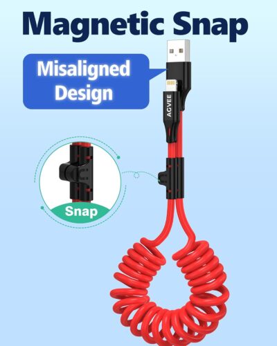 AGVEE 5ft Coiled Short USB to Lightning Charging Cable [MFI Certified] 3A Fast Charger Cord in Car for iPhone 14/13/12/11/XS/8/7/6/5 CarPlay, iPad, iPod, Red - Image 2