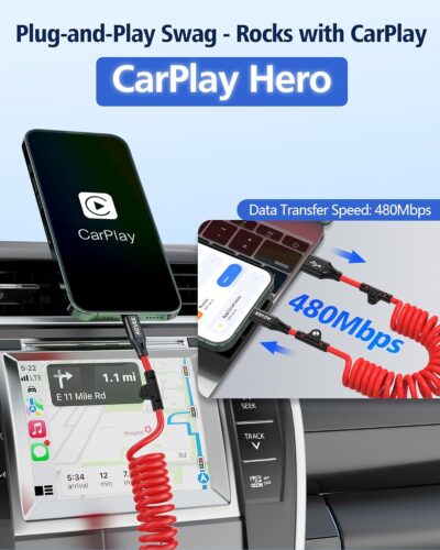 AGVEE 5ft Coiled Short USB to Lightning Charging Cable [MFI Certified] 3A Fast Charger Cord in Car for iPhone 14/13/12/11/XS/8/7/6/5 CarPlay, iPad, iPod, Red - Image 5