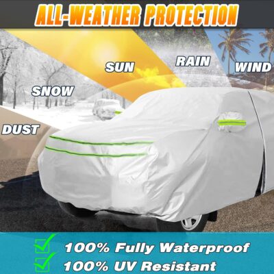 Full Surround All Weather Car Cover Universal Fit for SUVs Body Length 215"-236", Waterproof Snow Proof UV Proof Scratch Proof Bird Proof Excrement with Zipper Cotton -Silvery - Image 3