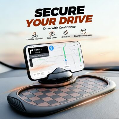 Multifunction Car Anti Slip Mat, 360° Rotatable Phone Holder Dashboard Pad with Temporary Parking Number, Anti Skid Organizer for Phone Sunglasses Keys (Brown-Gray Checkered Pattern) - Image 2