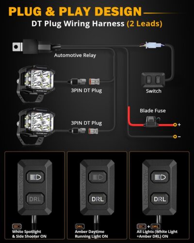 Auxbeam 4 Inch LED Pod Light, 92W V-MAX Series Square Offroad Driving with Amber DRL, 270° Spot Flood Combo Beam Side Shooter Cube Work Auxiliary Lights with Yellow Cover for Truck SUV ATV UTV - Image 8