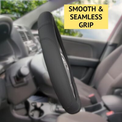 Steering Wheel Cover, Black, Real Genuine Leather, Small, 14 inch, for Men and Women, Universal, Stretch On, Heat Resistant, Stays Cool, Non-Slip, HANWOLF - Image 3