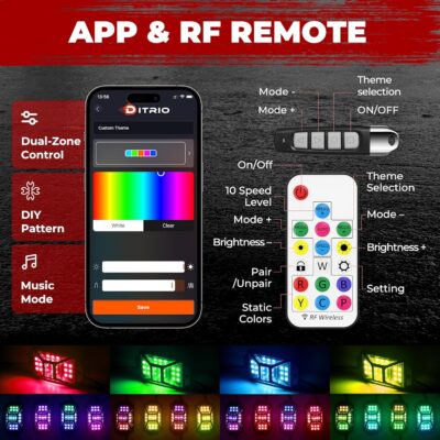 16 Pods Five Sided RGB Rock Lights for Trucks Jeep UTV SUV ATV Golf Cart, Multi Chasing Color App/Remote Control Led Rock Lights with Music Mode, Waterproof Exterior Underglow Kits for Cars - Image 2