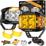 Auxbeam 4 Inch LED Pod Light, 92W V-MAX Series Square Offroad Driving with Amber DRL, 270° Spot Flood Combo Beam Side Shooter Cube Work Auxiliary Lights with Yellow Cover for Truck SUV ATV UTV
