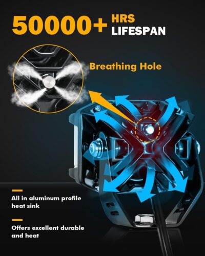 Auxbeam 4 Inch LED Pod Light, 92W V-MAX Series Square Offroad Driving with Amber DRL, 270° Spot Flood Combo Beam Side Shooter Cube Work Auxiliary Lights with Yellow Cover for Truck SUV ATV UTV - Image 7