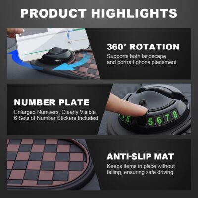 Multifunctional Car Anti-Slip Mat, Dashboard Mat with Temporary Parking Number Display, One-Size-Fits-All Anti-Slip Car Mat with 360° Rotatable Phone Bracket (Style A+B-2) - Image 5