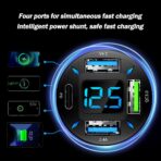 4 Ports USB Car Charger USB Adapter with Voltmeter,Type C Port PD 3.1/QC 3.0 Super Fast Charging Car Cigarette Lighter Plug for iPhone 14 13 12,S22 S21 S20,iPad Pro& More Mobil Phone (Black) - Image 4