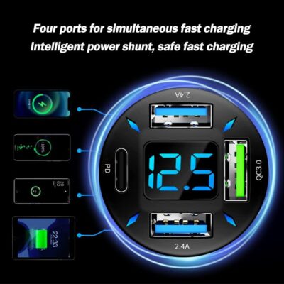 4 Ports USB Car Charger USB Adapter with Voltmeter,Type C Port PD 3.1/QC 3.0 Super Fast Charging Car Cigarette Lighter Plug for iPhone 14 13 12,S22 S21 S20,iPad Pro& More Mobil Phone (Black) - Image 4