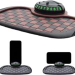 Multifunction Car Anti Slip Mat, 360° Rotatable Phone Holder Dashboard Pad with Temporary Parking Number, Anti Skid Organizer for Phone Sunglasses Keys (Brown-Gray Checkered Pattern)