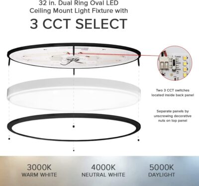 Maxxima 32" Oval Black LED Ceiling Mount Light Fixture, 5500 Lumens, 3 CCT Color Selectable 3000K/4000K/5000K, Dimmable Flush Mount Indoor Light, Perfect for Kitchen or Bedroom Lighting - Image 4