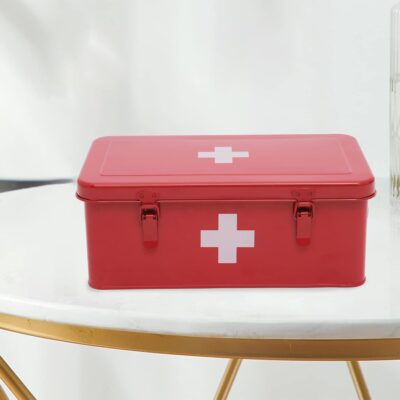 First Aid Medicine Box, First Aid Kit Supplies Bin, Metal Medicine Storage Tin, First Aid Empty Box with Safety Lock for Home Emergency Tool Set-Red - Image 4