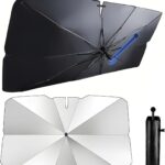 GENANY Silver Umbrella Sunshade for Electric Vehicle (59x37 Inches) with 360° Rotation Bendable Handle, Foldable Car Windshield Sunshade Umbrella, Auto Gift, Spring Car Decor
